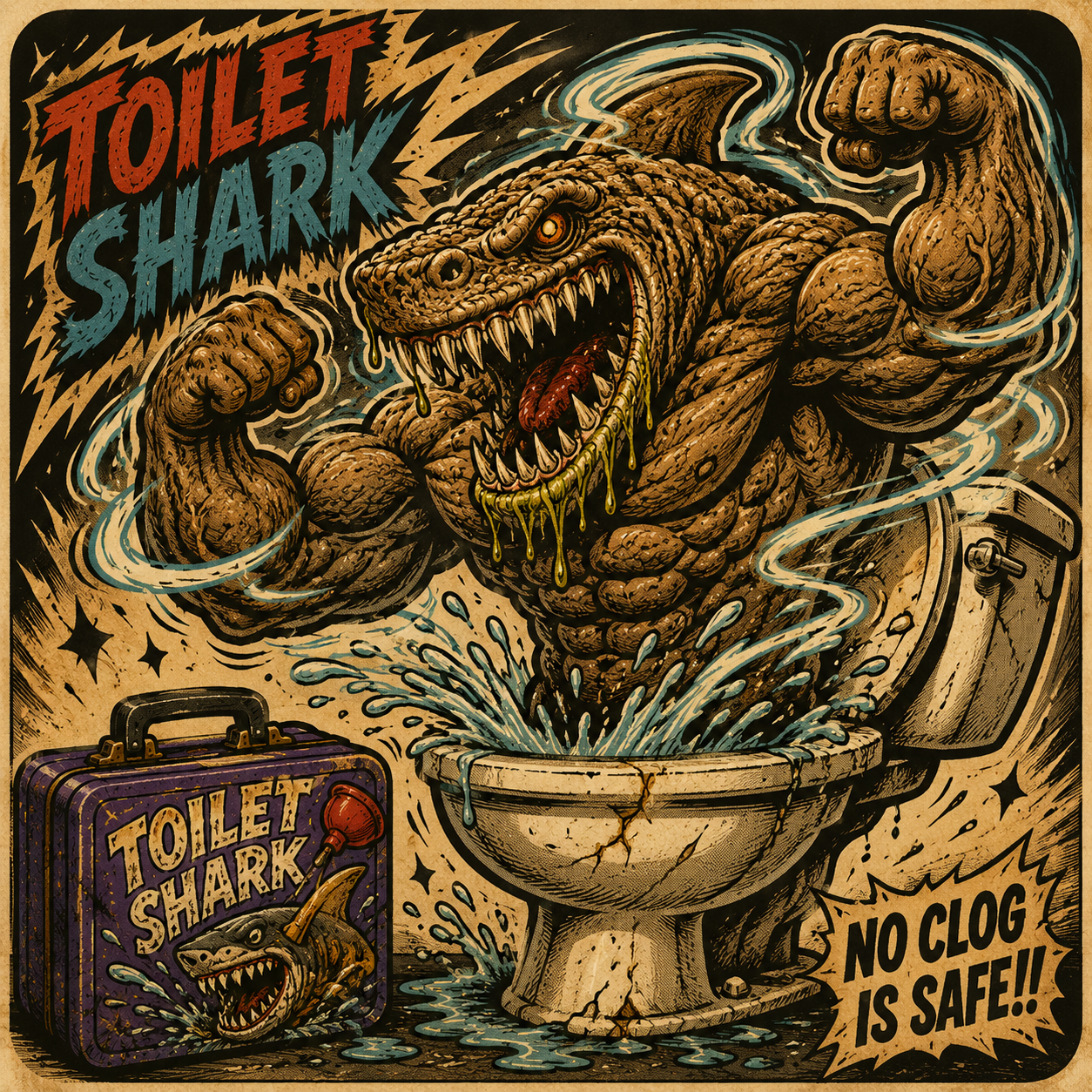 The Toilet Shark mascot - a muscular shark bursting out of a toilet, flexing